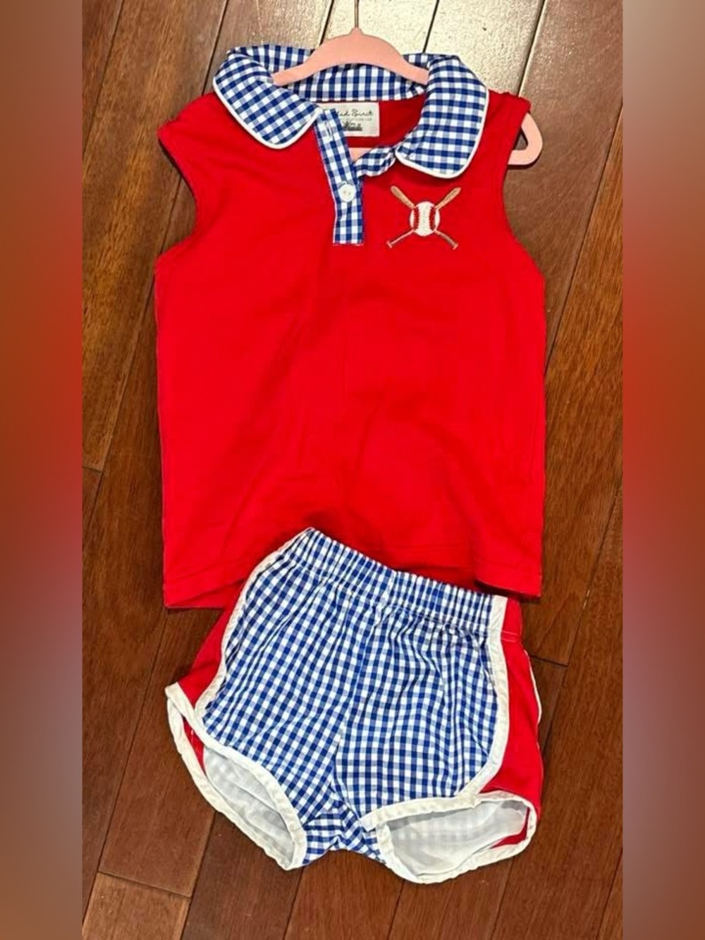 Red Sleeveless Polo Top & Blue Gingham Shorts Set baseball